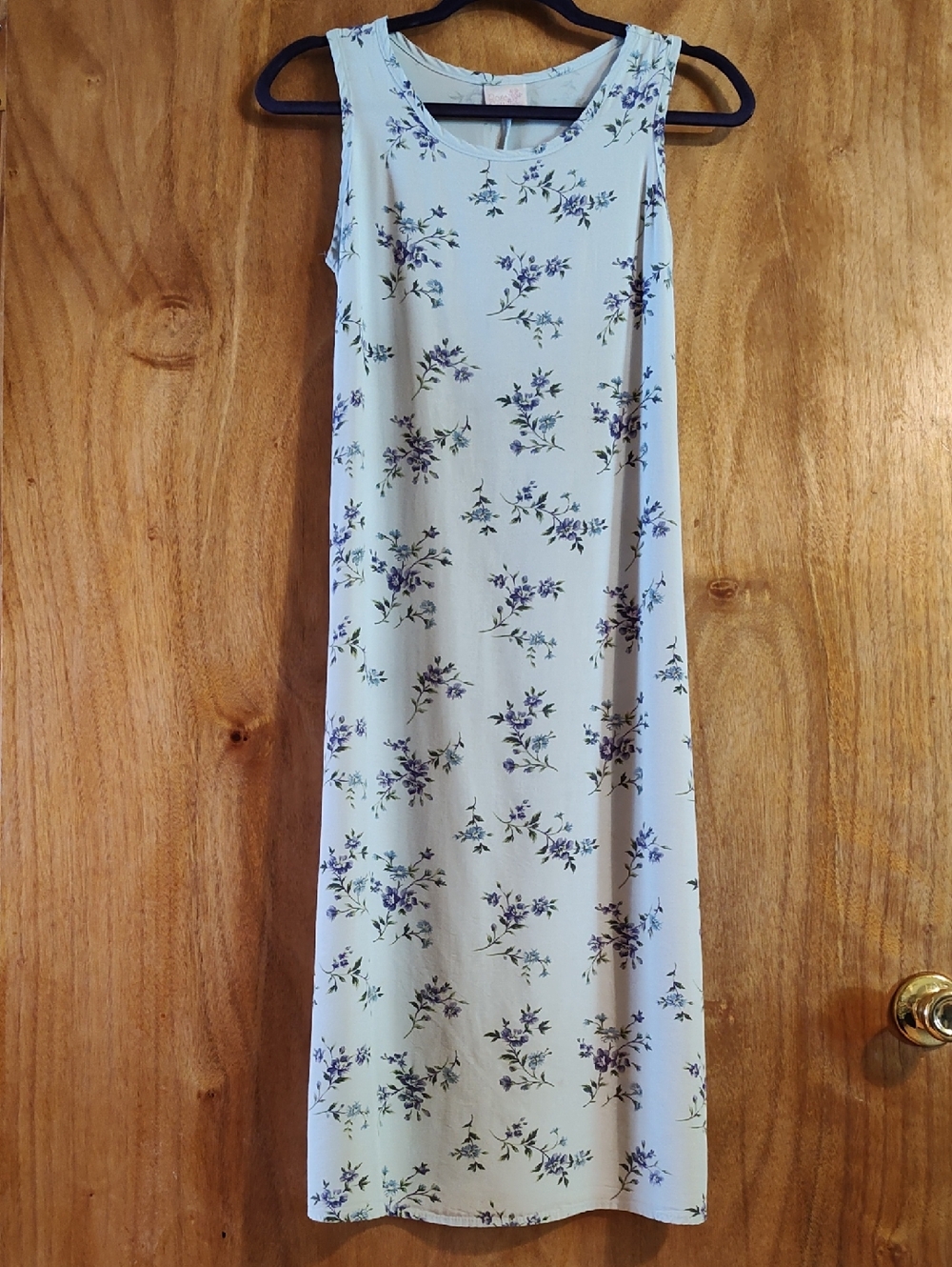 90s Vintage Rose Cottage Dress Pale Blue Purple Floral Sleeveless Tie-Back SP